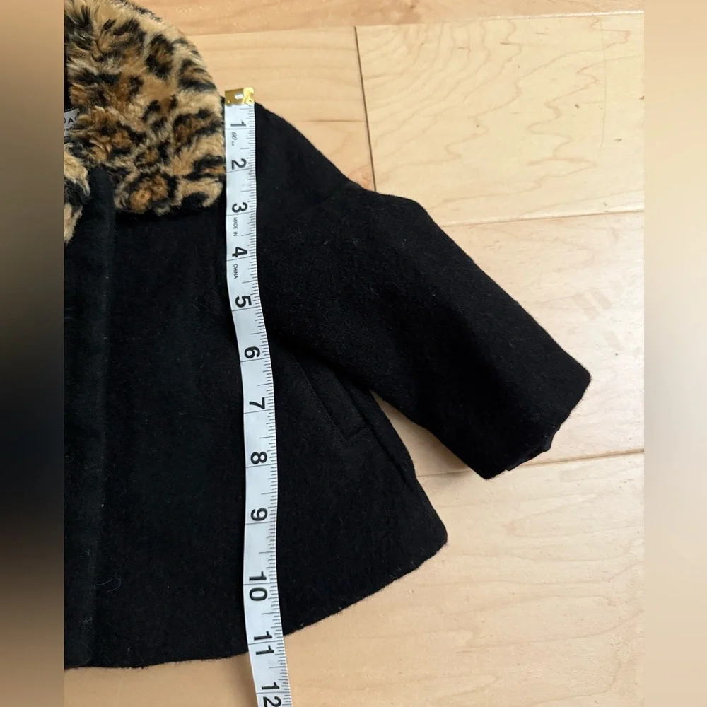 Janie and Jack Black Wool Blend Coat Leopard Faux‎ Fur Collar 6-12 Months Kids